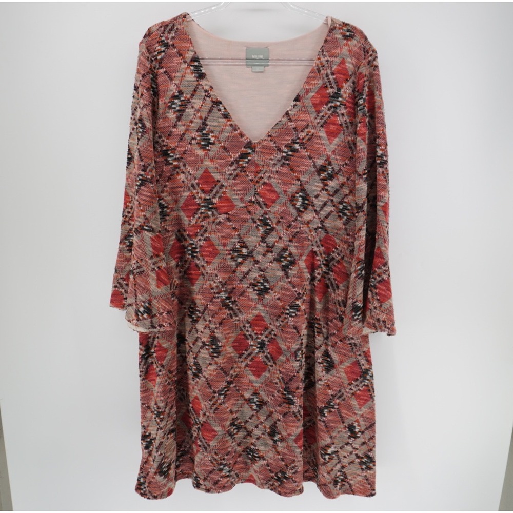 Maeve Anthropologie Erina Swing Dress XL Red Pink Diamond Knit V-Neck Boho Inde